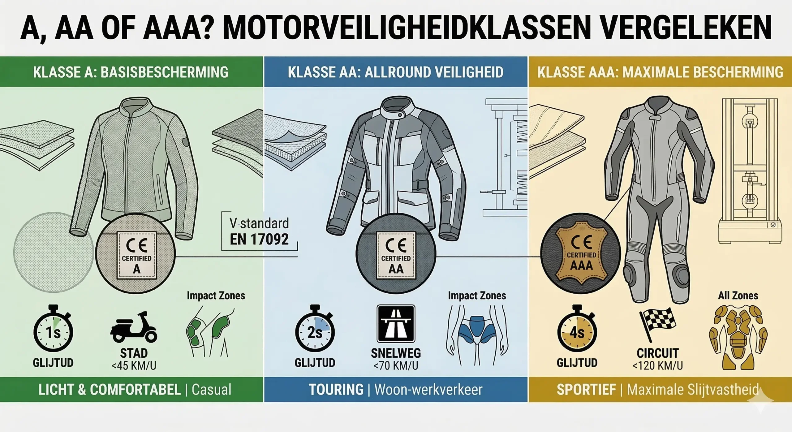 Infographic die de A, AA en AAA veiligheidsklassen van motorkleding voor vrouwen vergelijkt, inclusief glijtijd, maximale snelheden en impactzones.