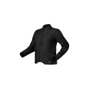 Zwarte Richa Buster 2 WP dames motorjas lang met verlengde touring pasvorm vooraanzicht.