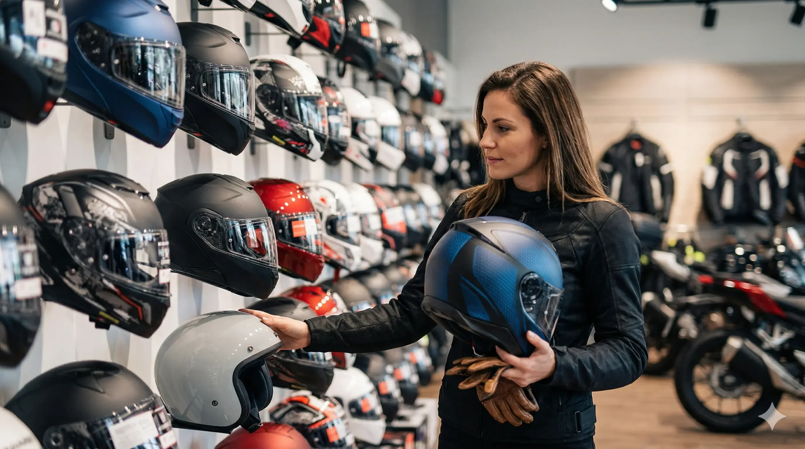 Vrouw vergelijkt verschillende motorhelmen voor het kopen van de juiste helm
