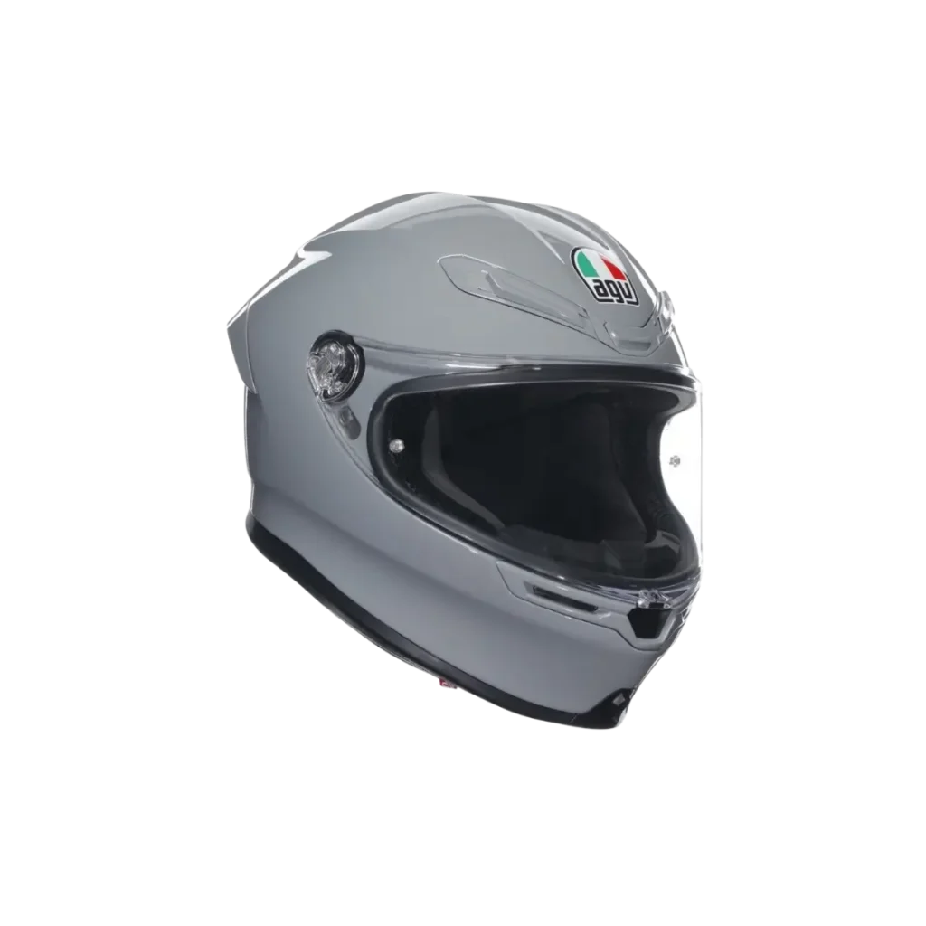 Strakke AGV K6 S dames motorhelm van carbon en aramide vooraanzicht grijs