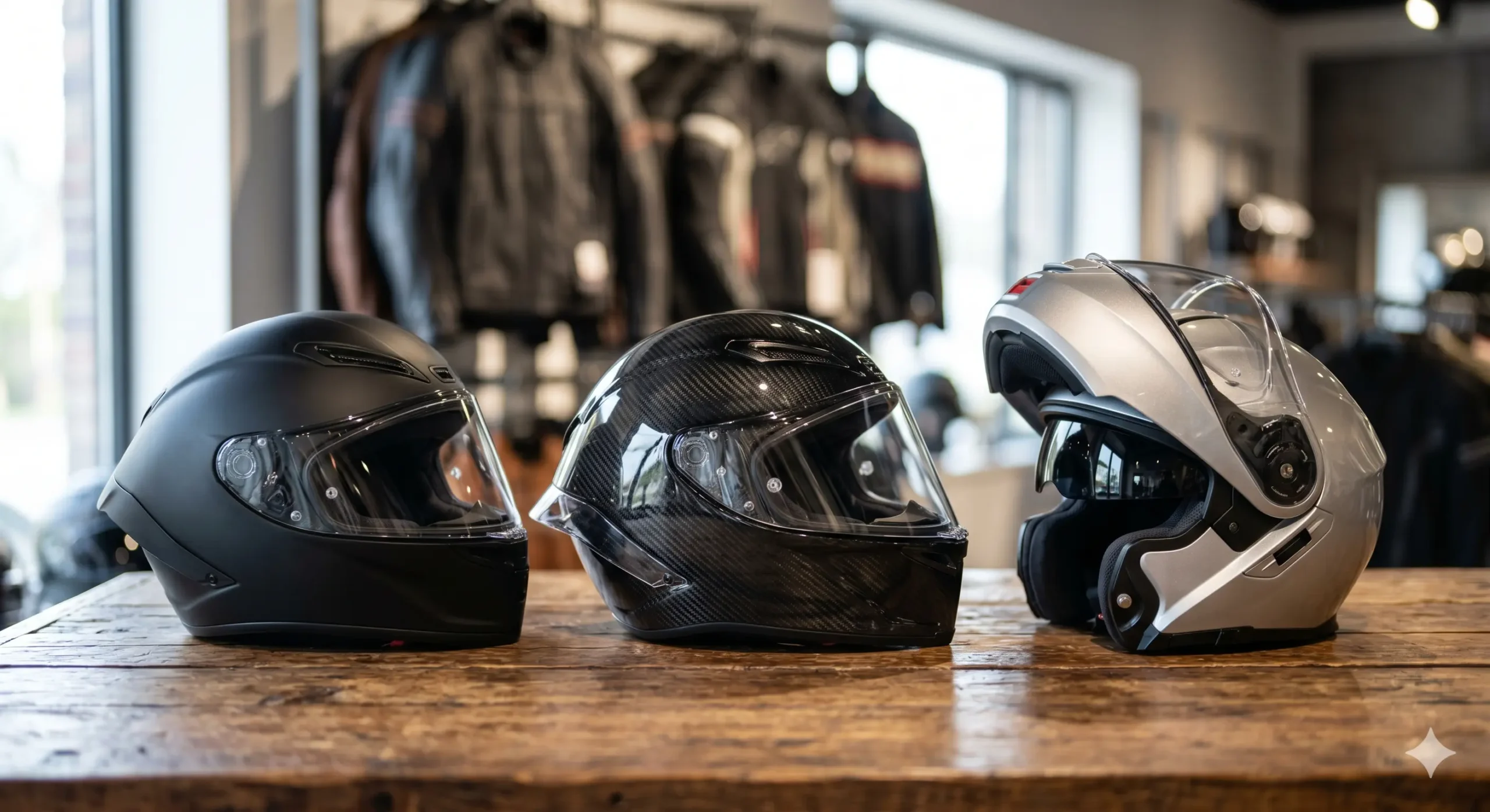Een close-up foto van de top 3 beste dames motorhelmen (2026), waaronder een matte zwarte integraalhelm, een carbon integraalhelm en een zilveren systeemhelm op een houten tafel in een werkplaats setting.