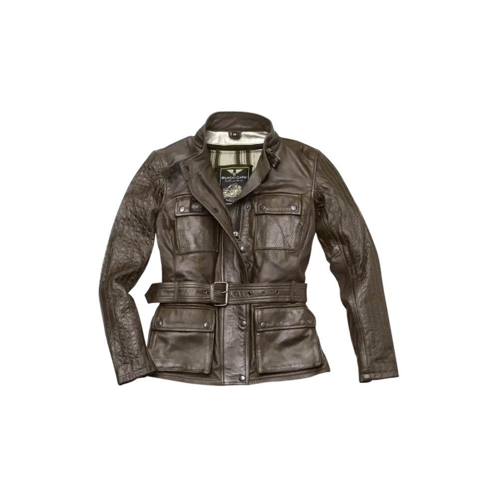 Vintage leren Black-Cafe London Madrid dames motorjas met retro stikwerk vooraanzicht - bruin