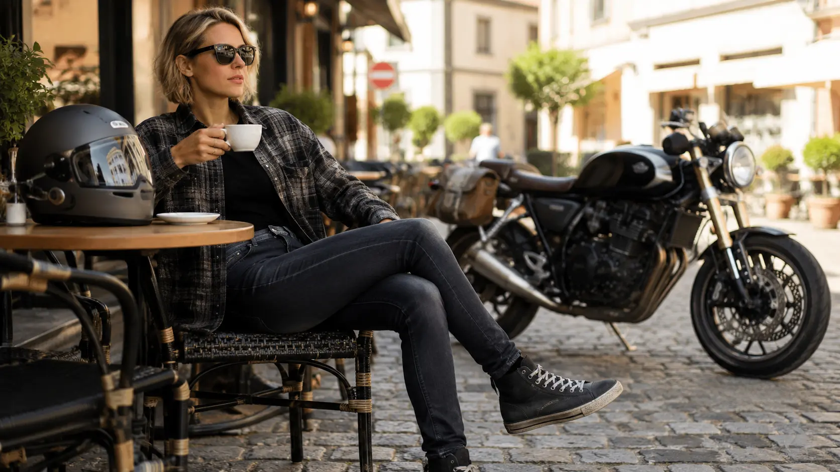 Een motorrijdster zit ontspannen op een zonnig terras in haar casual motorkleding, waaronder een motorlegging en Kevlar overshirt.
