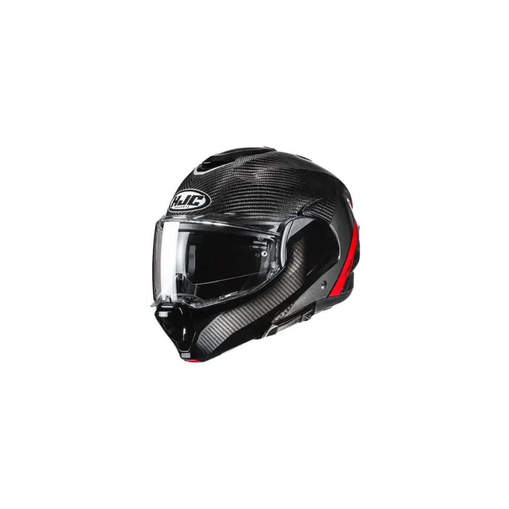 Ultralichte HJC F100 Carbon Stan dames motorhelm met carbon structuur vooraanzicht rood