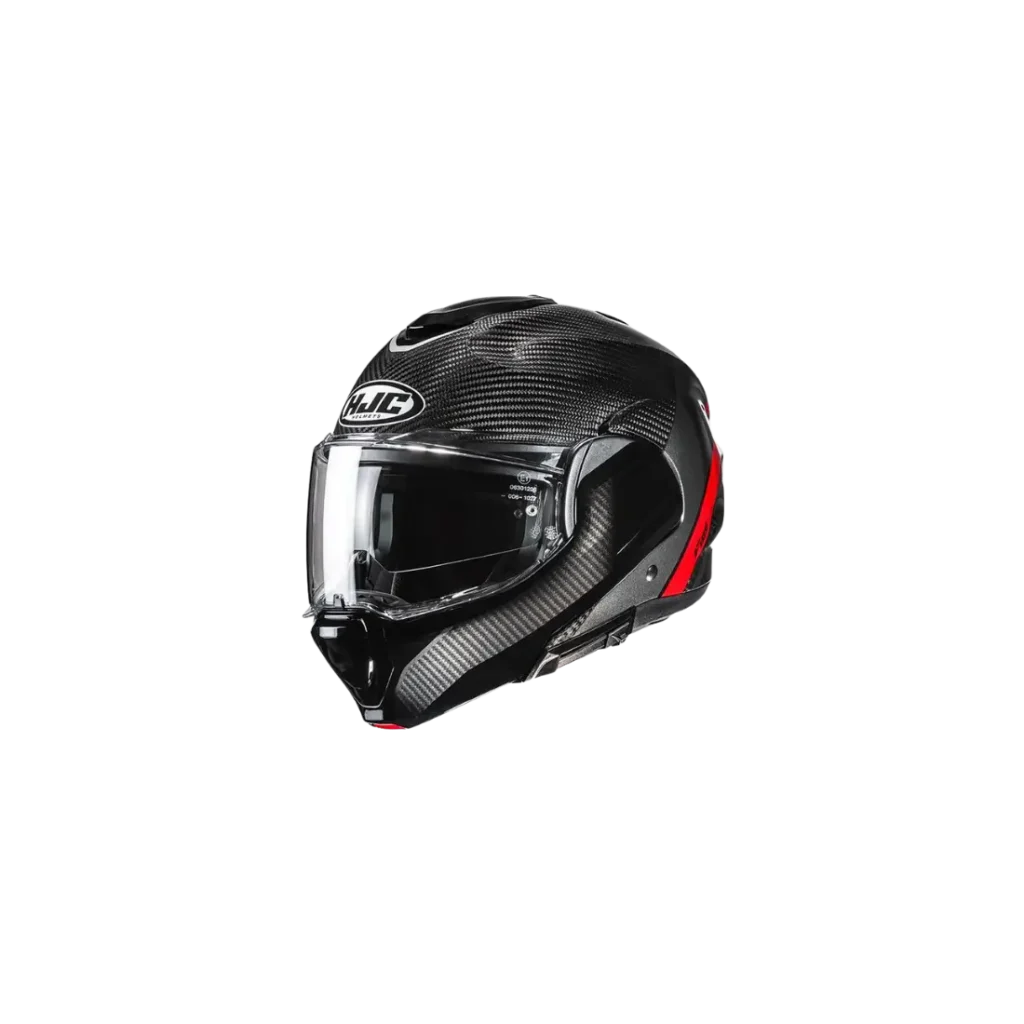 Ultralichte HJC F100 Carbon Stan dames motorhelm met carbon structuur vooraanzicht rood