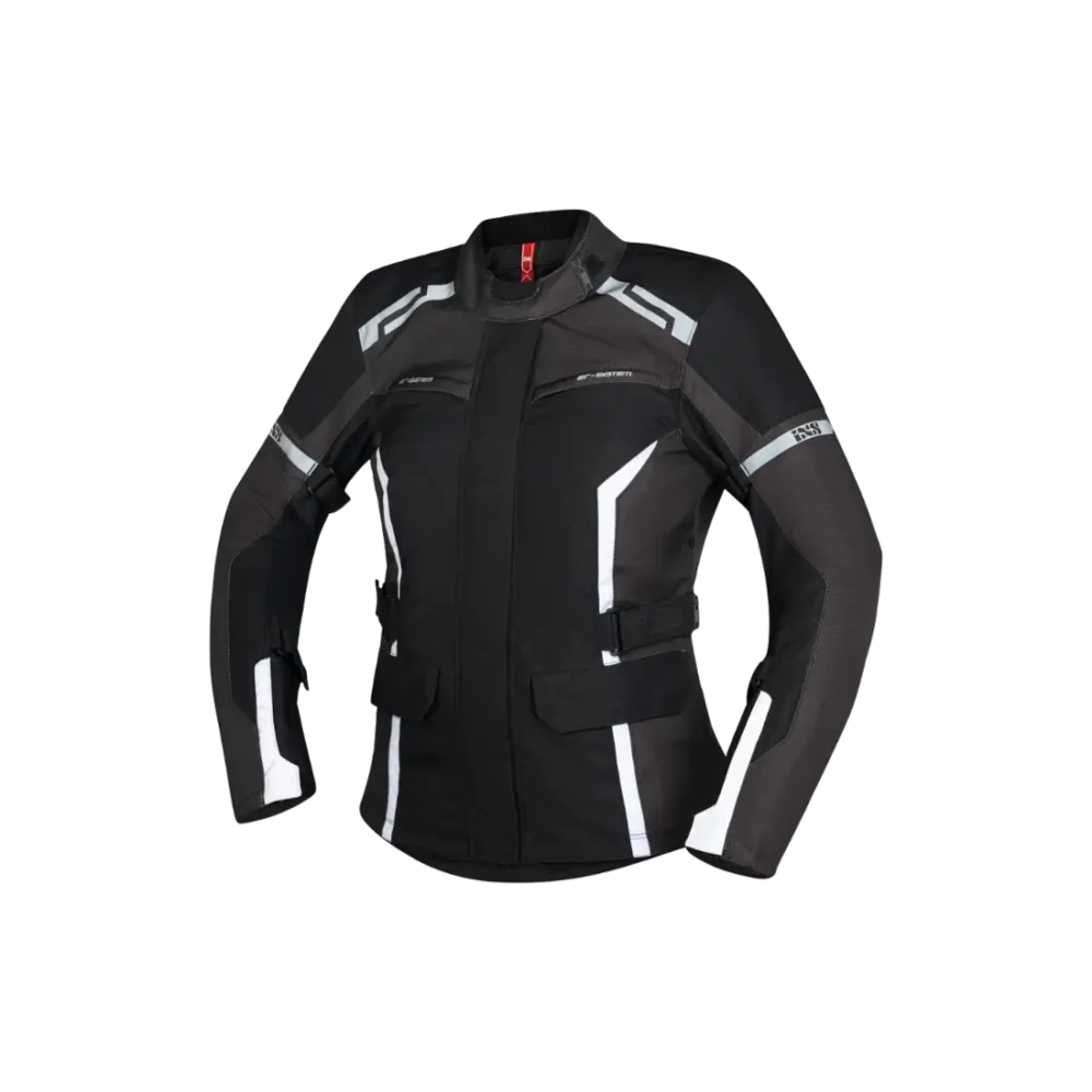 Stijlvolle textielen iXS Evans-ST 2.0 dames motorjas met getailleerde pasvorm vooraanzicht wit