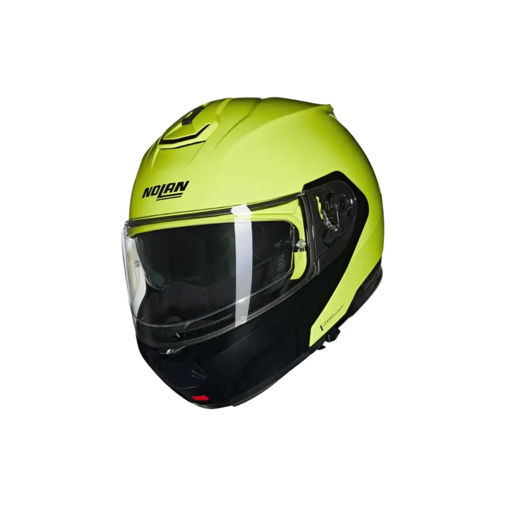 Groen-zwarte Nolan N100-6 Mivedi dames motorhelm met gesloten vizier vooraanzicht.