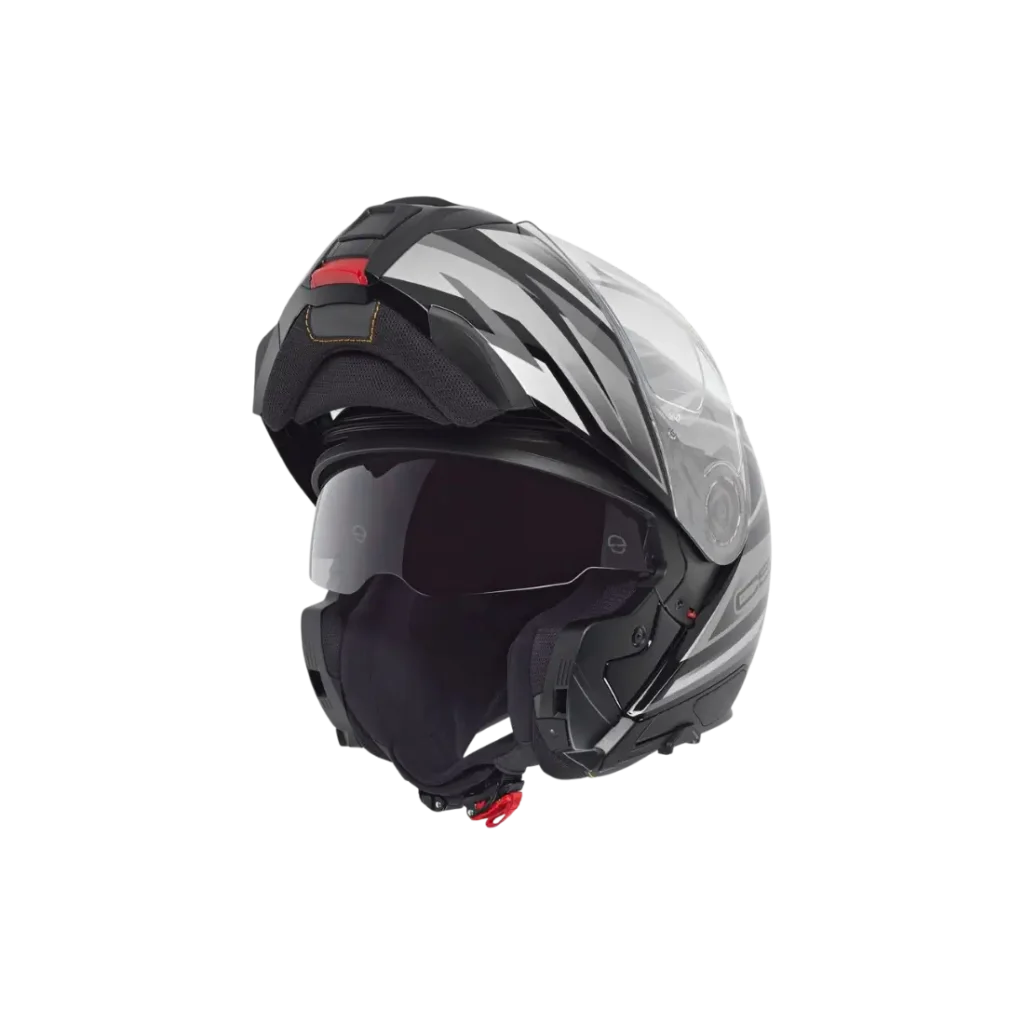De modulaire Schuberth C5 Zenith dames motorhelm met het kinstuk omhoog geklapt voor stadsritten.