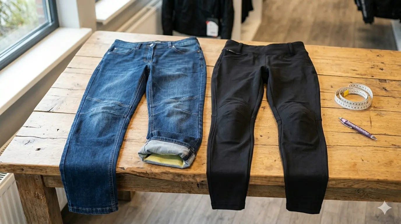 Een close-up vergelijking van de materialen en structuren van een blauwe dames motorjeans (links, met XTM-Fiber voering zichtbaar) en een zwarte dames motorlegging (rechts, high-waist en stretch), klaar voor een expert vergelijking op een houten tafel.