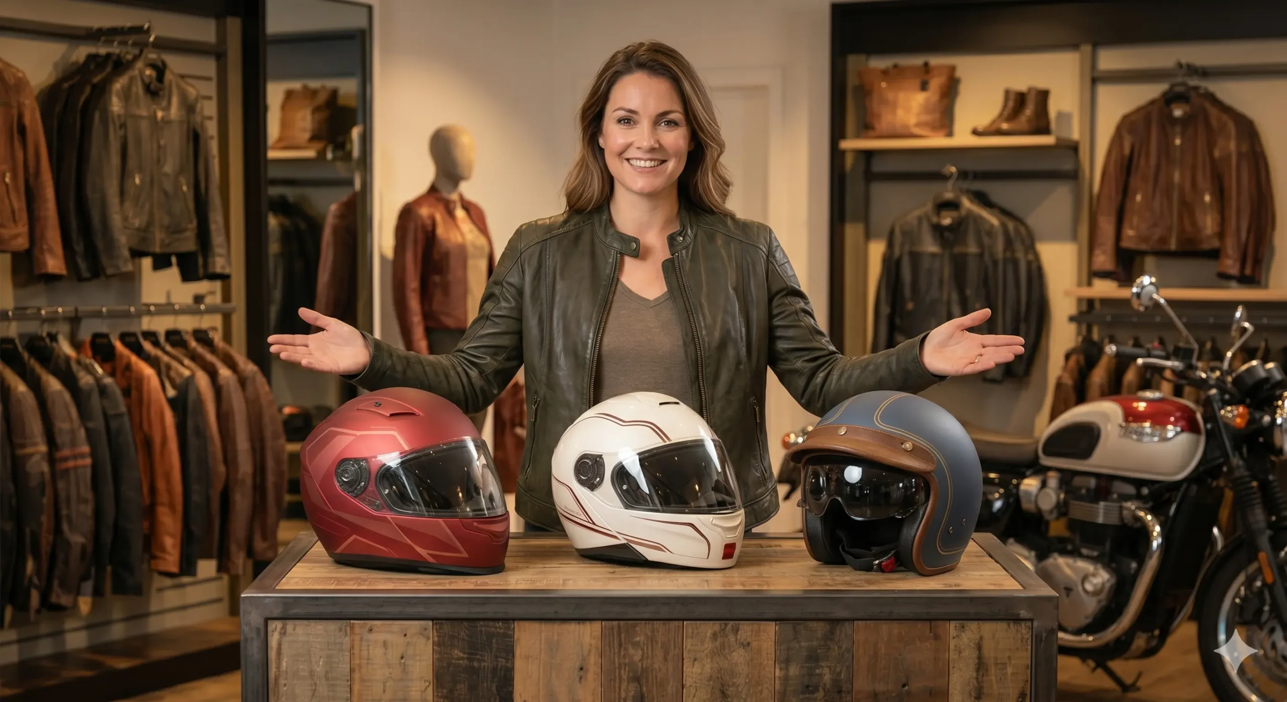 Vrolijke vrouw in een motorzaak die drie verschillende soorten motorhelmen voor dames presenteert: een rode, een witte en een blauwe retro helm.