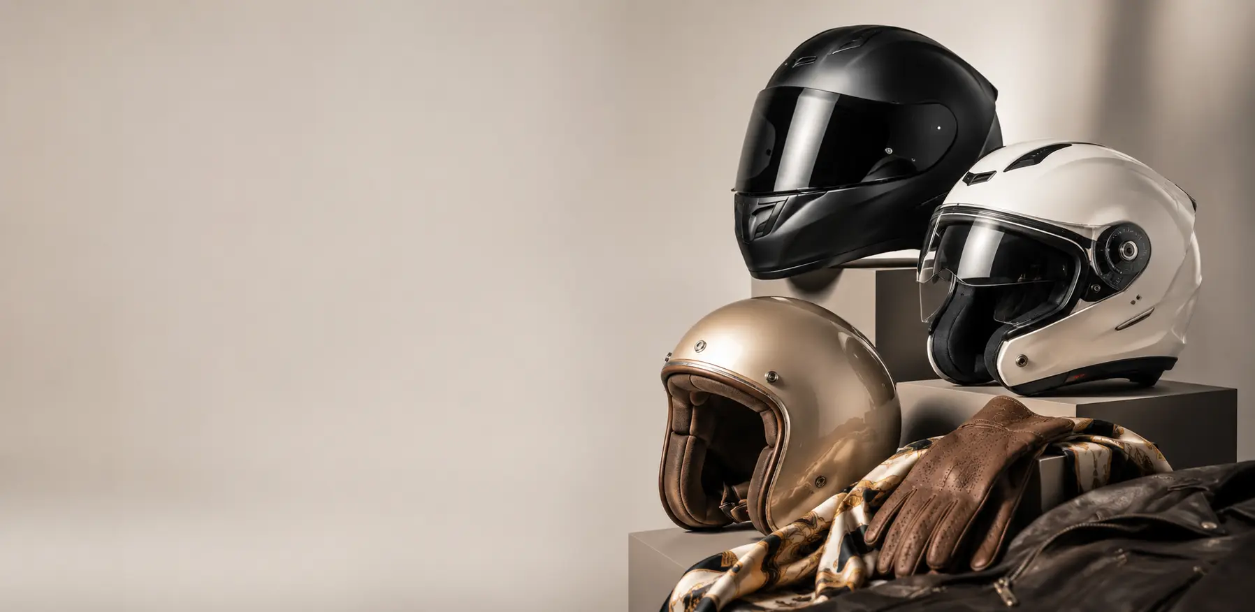 Een magazine stijl compositie van diverse betaalbare motorhelmen voor dames, inclusief lifestyle accessoires