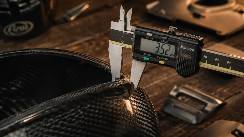 Gedetailleerde editorial close-up van een digitale schuifmaat die de rand van een premium carbon fiber motorhelm meet in een professionele werkplaats met warme golden hour belichting.