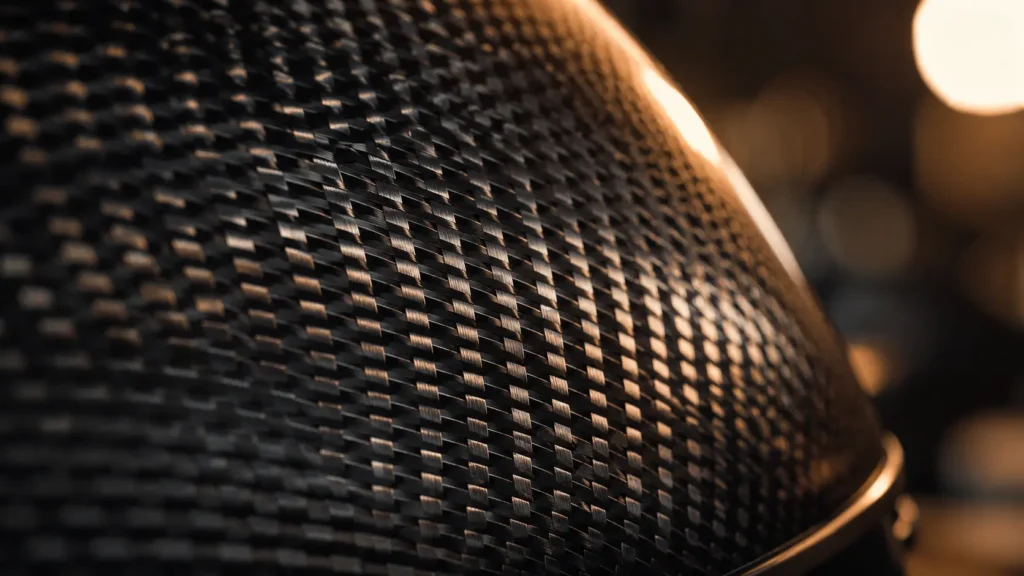 Cinematic macro-shot van de sterke carbon weving op een premium motorhelm voor dames, geschoten in een donkere studio.