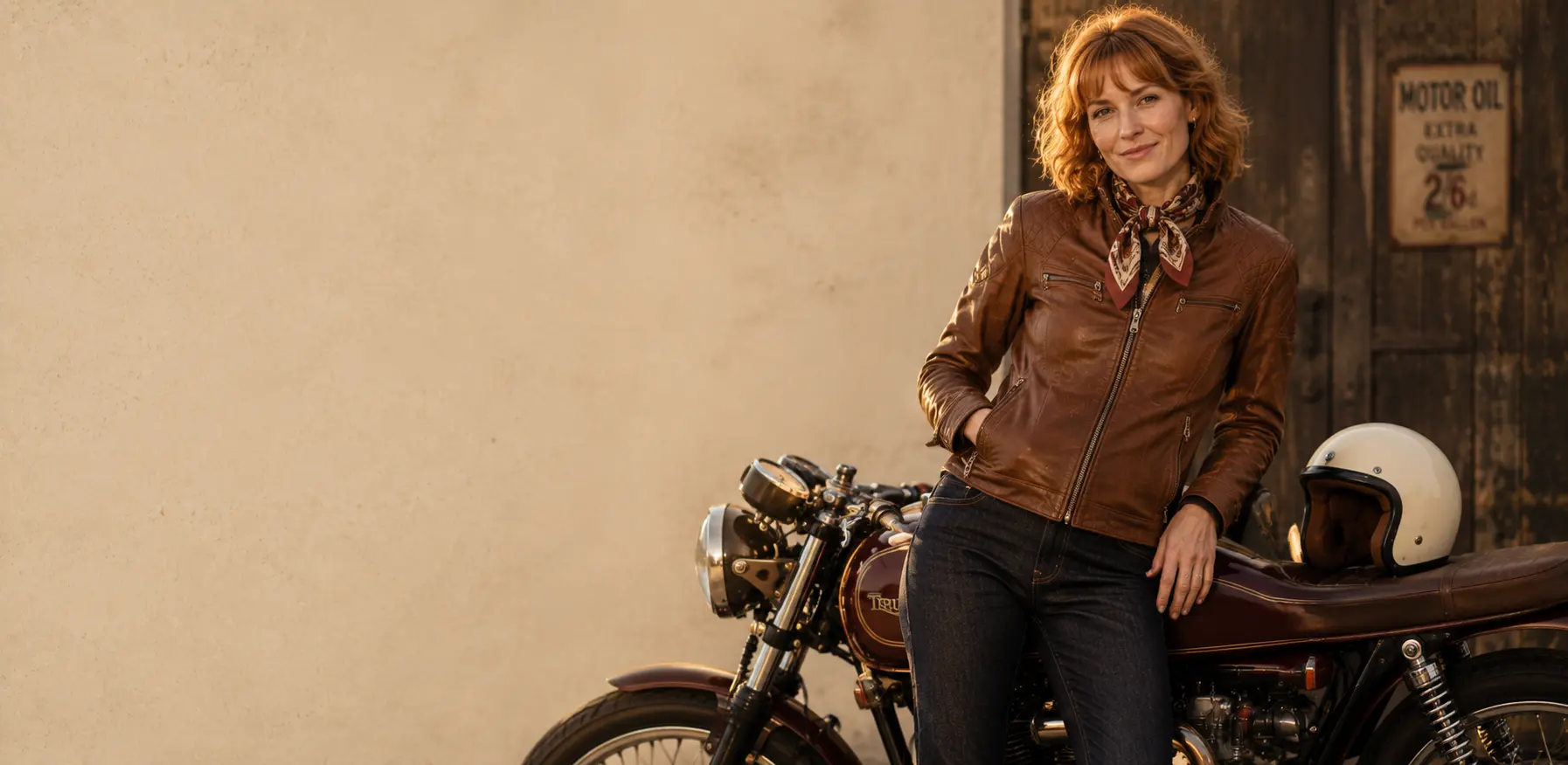 Stijlvolle cognac-kleurige lederen motorjas voor dames met een bordeauxrode cafe racer motorfiets in een retro setting.