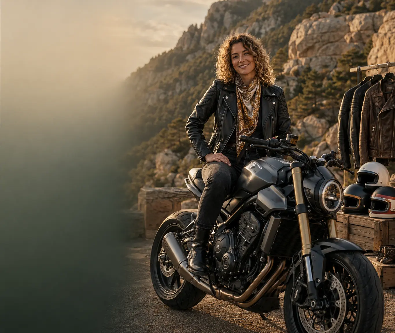 Een magazine stijl front banner met een vrouw in een lederen motoroutfit op een naked bike langs een bergpas, met zichtbare helmen en jassen