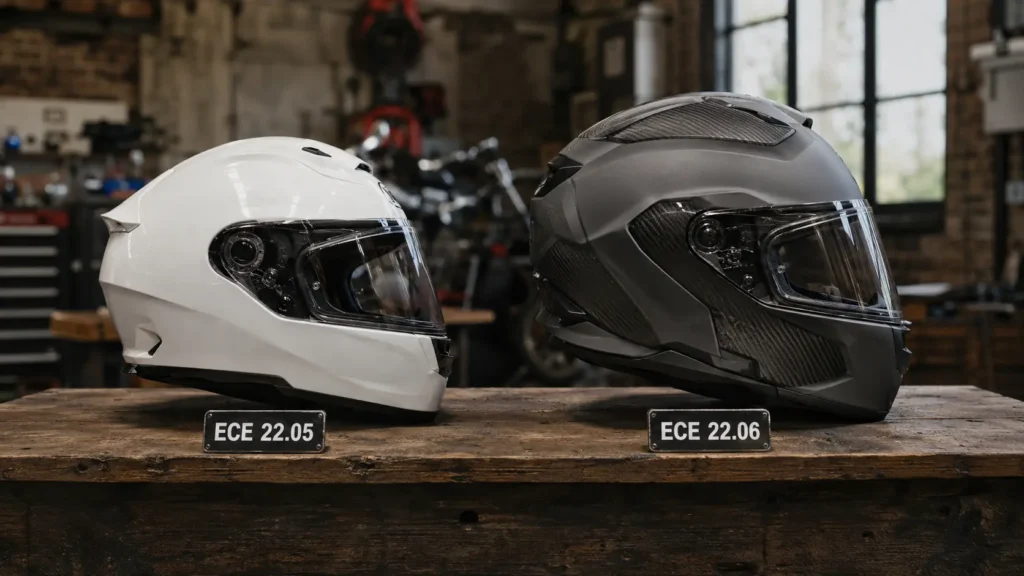 Twee helmen naast elkaar op een werkbank, ter illustratie van het verschil in schaalgrootte tussen ECE 22.06 en 22.05 bij motorhelmen voor vrouwen.