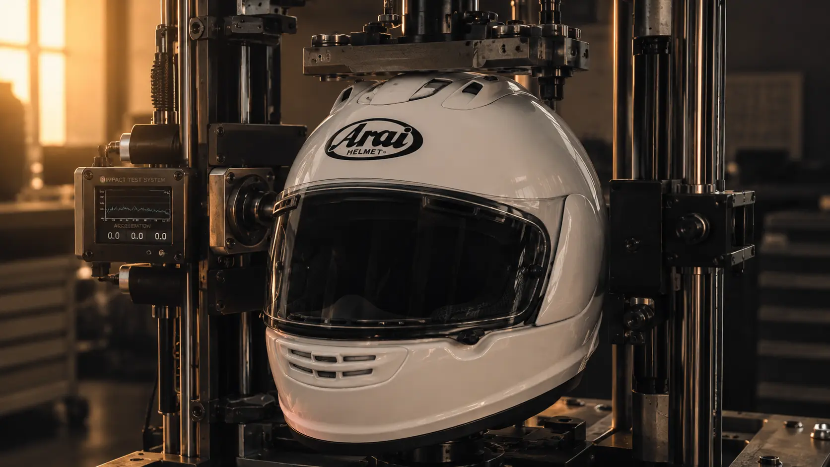 Een technische laboratoriumtest voor de ECE 22.06 basiskeuring, die de impactabsorptie op een motorhelm meet.