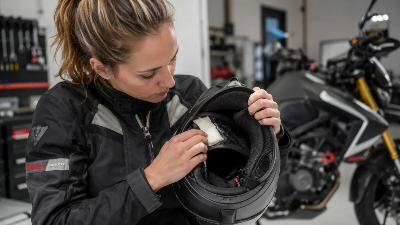 Een vrouw in motorkleding inspecteert aandachtig de EPS-binnenvoering van haar dames motorhelm om te controleren of deze aan vervanging toe is.