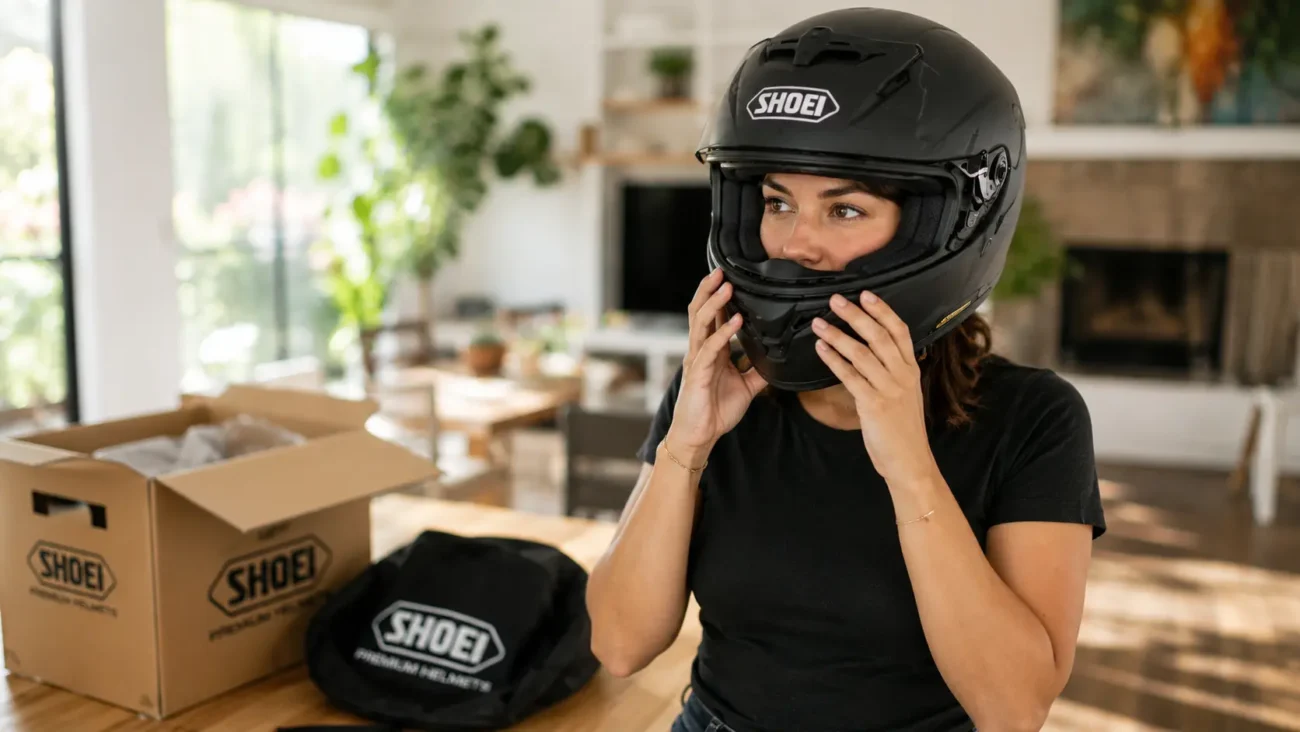 Een motorrijdster voert thuis de pasvormtest uit met haar gloednieuwe motorhelm om te controleren of deze strak genoeg zit.