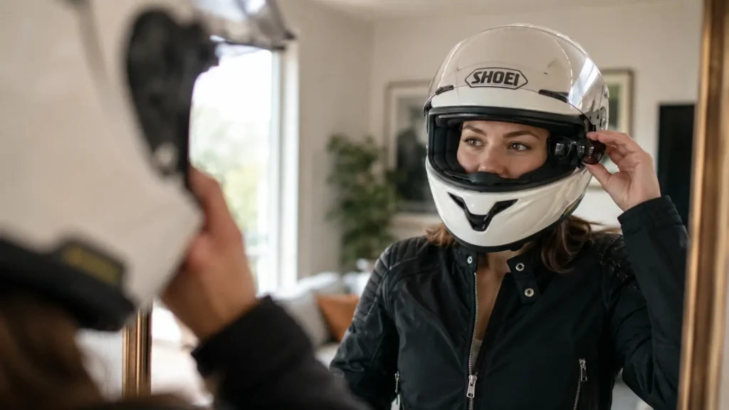Een motorrijdster controleert of haar nieuwe integraalhelm goed aansluit op wangen en voorhoofd
