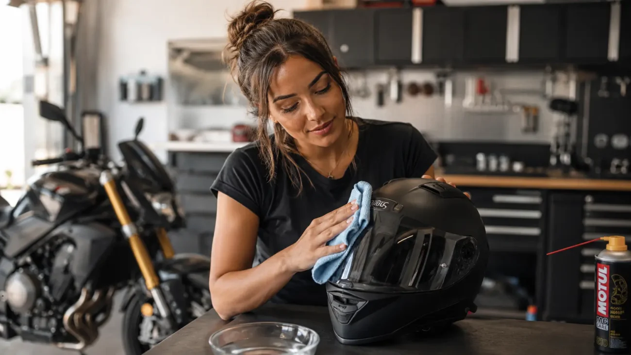 Een motorrijdster maakt de buitenschaal van haar matzwarte motorhelm schoon in een lichte garage met een zachte microvezeldoek.