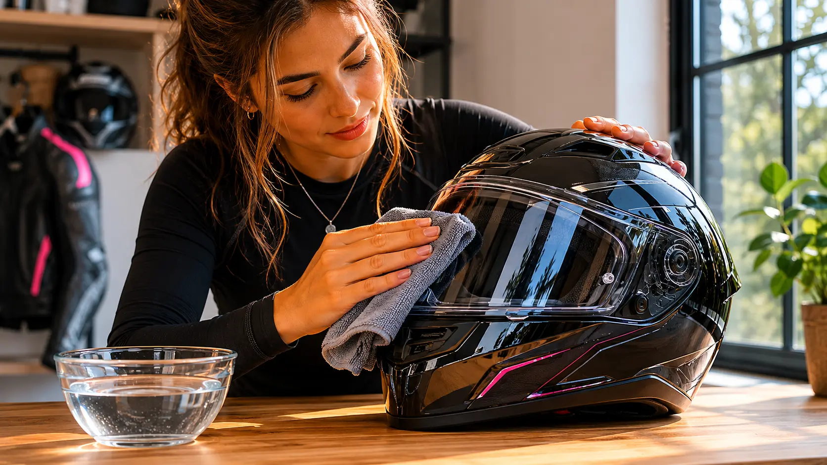 Een vrouw maakt het vizier van haar dames motorhelm voorzichtig schoon met een zachte microvezeldoek en lauwwarm water.