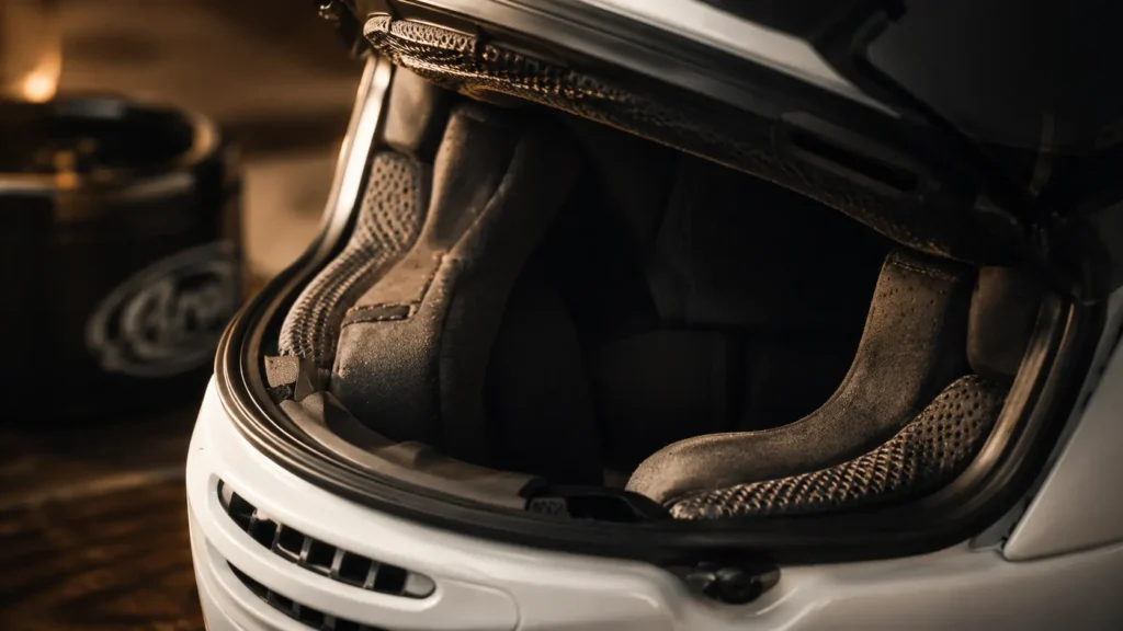 Close-up van de custom voering rondom de vrouwelijke kaaklijn van een premium motorhelm, toont de perfecte pasvorm.