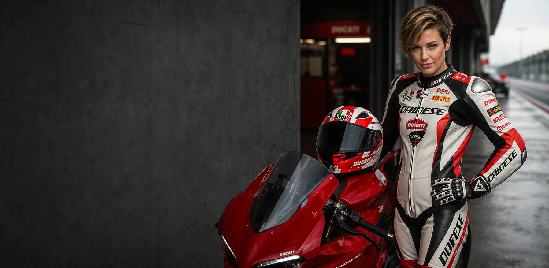 Complete professionele race motoroutfit voor dames met rood/wit lederen pak, full-face helm en een superbike motorfiets in de pitstraat.