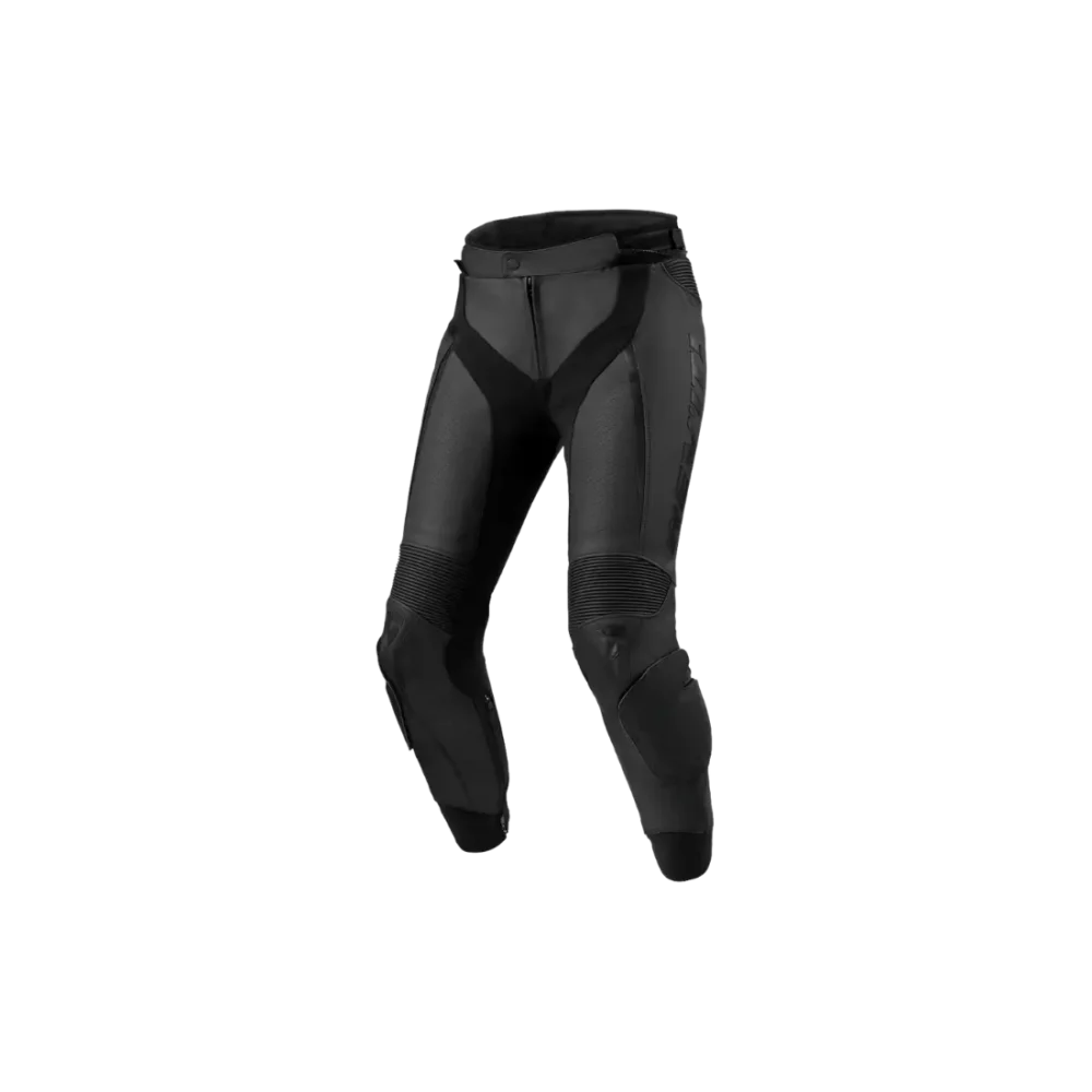 Sportieve zwarte REV'IT! Xena 4 Ladies leren motorbroek vooraanzicht.