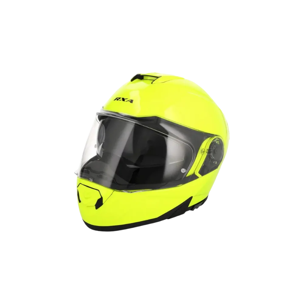 Fluorgele RXA Universe dames motorhelm met gesloten kinstuk vooraanzicht.