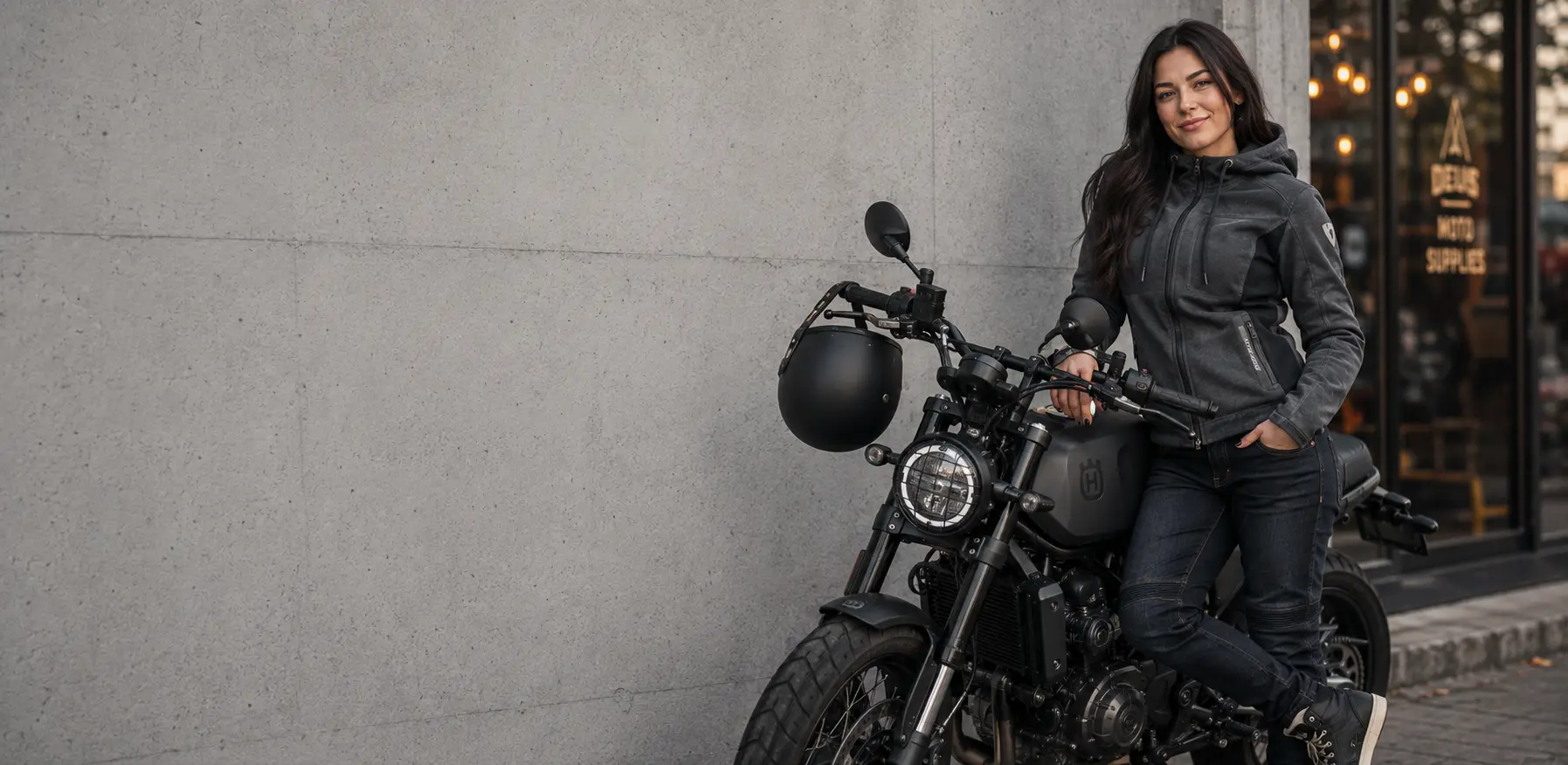 Casual urban motorkleding voor dames met een moderne street-style motorfiets en motor-hoodie in een stedelijke omgeving.