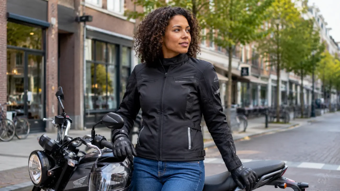 Een zelfverzekerde vrouwelijke motorrijder in de stad, gekleed in een veilige en betaalbare textiele motorjas voor dames.