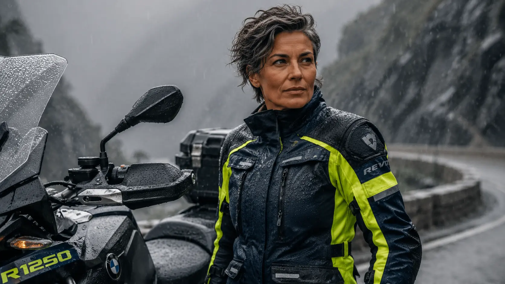 Een ervaren vrouwelijke motorrijder trotseert een zware regenbui in de bergen, gekleed in een hoogwaardige waterdichte motorjas voor dames waarbij de regendruppels van de stof parelen.