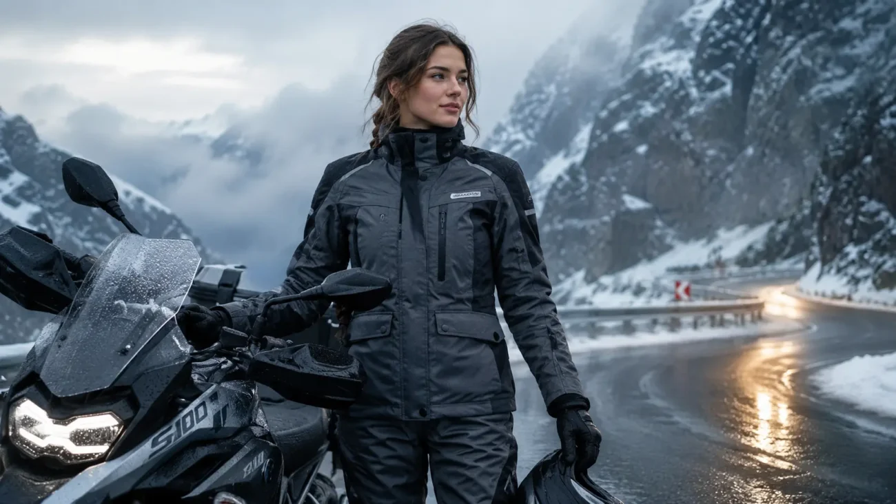 Vrouwelijke motorrijder trotseert de kou en regen in een warme, waterdichte winter motorjas voor dames, staand naast haar motorfiets.