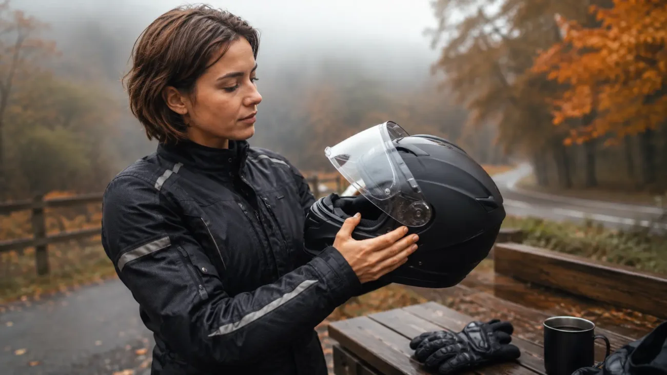 Een motorrijdster inspecteert aandachtig de Pinlock-lens aan de binnenkant van haar vizier voordat ze aan een rit in de kou begint.