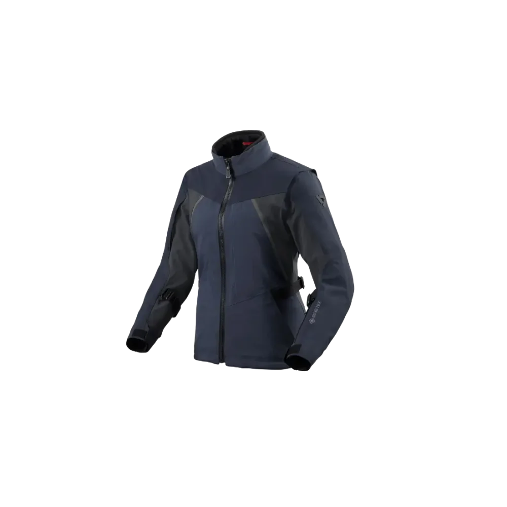 Hoogwaardige REV'IT! Lamina Gore-Tex dames motorjas vooraanzicht in touring setting - Blauw