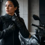 Gefocuste vrouwelijke motorrijder in een perfect passende zwarte motorjas met versterkte schouder- en elleboogprotectie, staand in een industriële garage.
