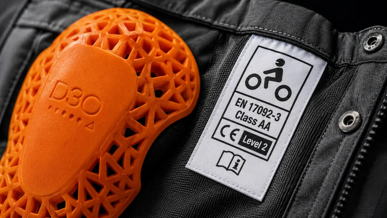 Een close-up van een oranje D3O protector en het officiële CE Level 2 en Klasse AA veiligheidslabel aan de binnenkant van een motorjas.