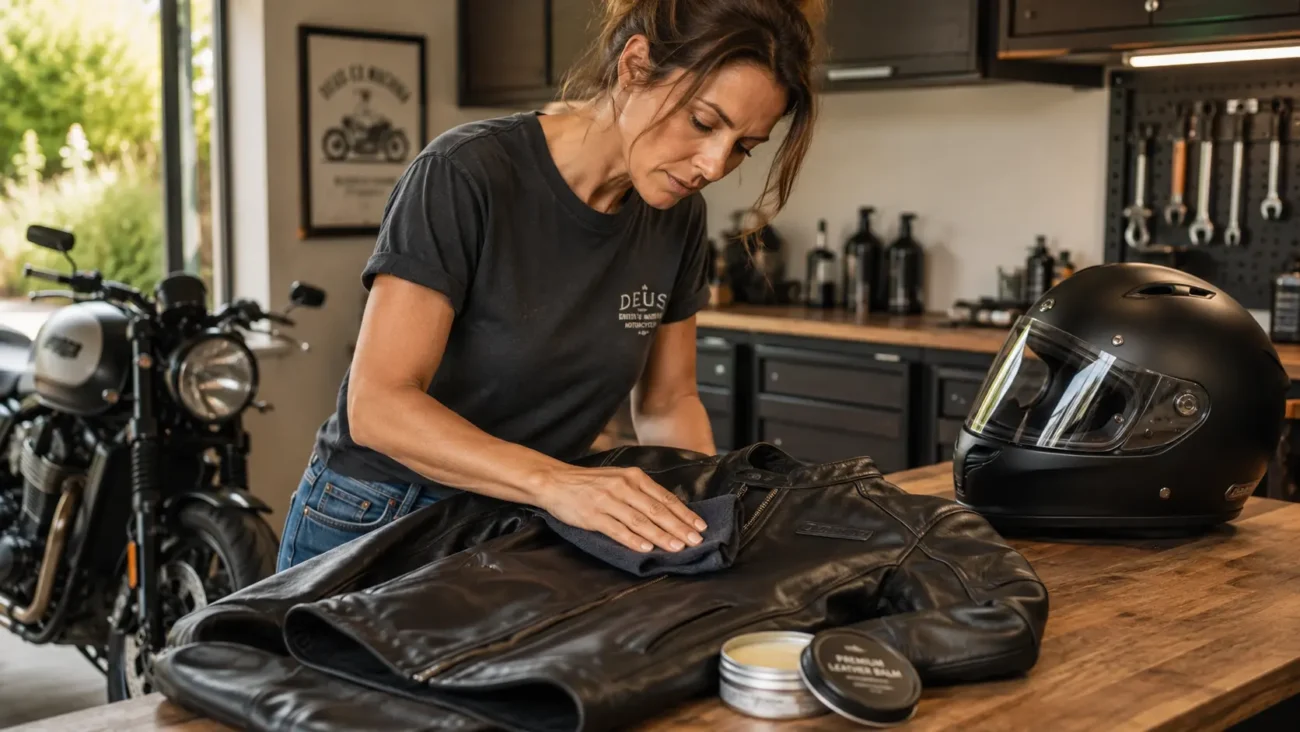 Vrouw onderhoudt een leren dames motorjas met lederbalsem voor een langere levensduur
