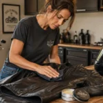 Vrouw onderhoudt een leren dames motorjas met lederbalsem voor een langere levensduur