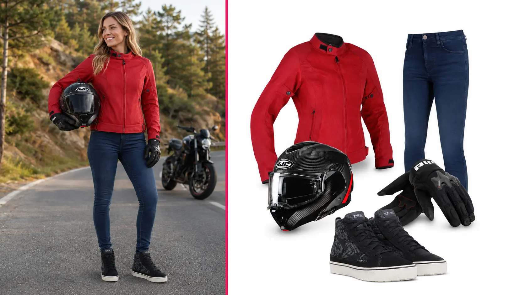 Dames motoroutfit met rode Richa motorjas, motorjeans, HJC helm en TCX motorschoenen