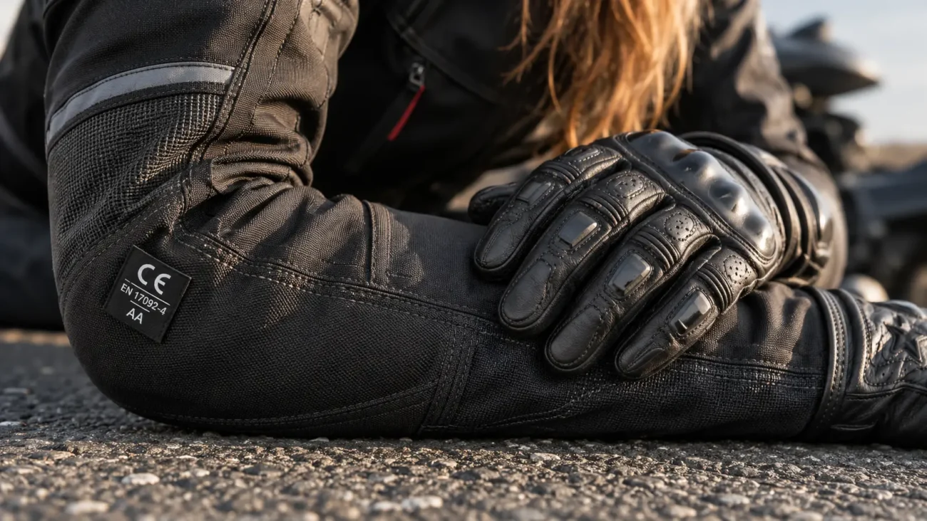 Close-up van de stevige, slijtvaste stof van een textiele motorjas vlakbij ruw asfalt, om de bescherming tegen schaafwonden te benadrukken.
